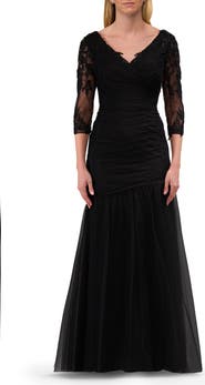 La Femme Tulle Evening Gown with Trumpet Skirt and Lace Illusion Sleeves