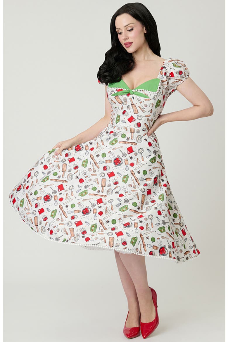 1950s Sweetheart Swing Dress, Alternate, color, White W/ Kitchen Print