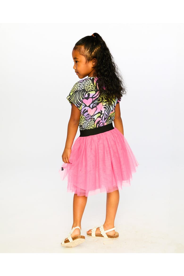 Short Sleeve Bi-Material Animal and Heart Dress, Alternate, color, Black with Multicolored Print
