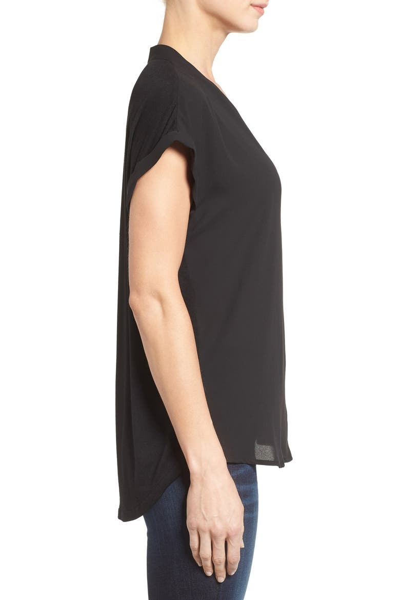 High/Low V-Neck Mixed Media Top, Alternate, color, BLACK