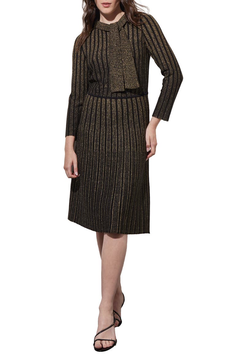 Shimmer Stripe Tie Neck Metallic Sweater Dress, Main, color, BLACK/GOLD