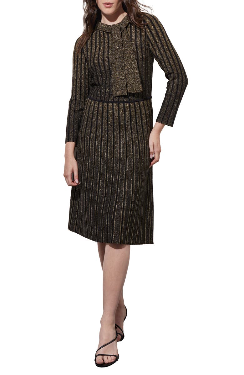 Ming Wang Shimmer Stripe Tie Neck Metallic Sweater Dress, Main, color, Black/Gold
