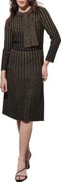 Ming Wang Shimmer Stripe Tie Neck Metallic Sweater Dress