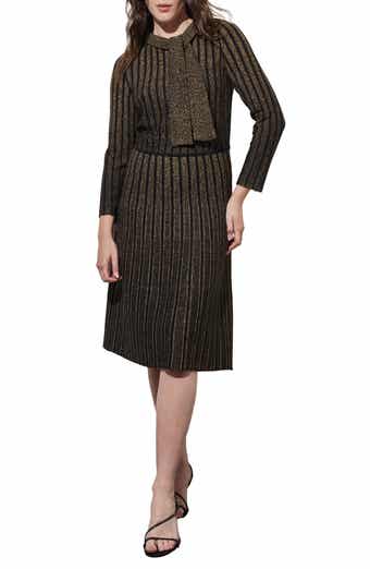 Ming Wang Shimmer Stripe Tie Neck Metallic Sweater Dress