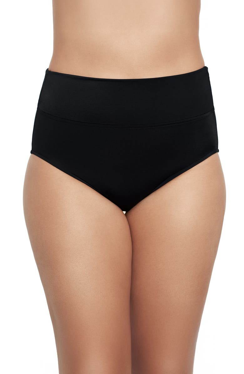 Trimshaper Wide Waistband Yoke-Top Control Plus Size Swim Brief, Alternate, color, Black