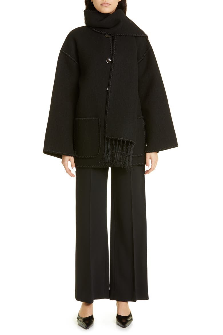Totême Chain Stitch Wool Blend Scarf Jacket, Alternate, color, BLACK