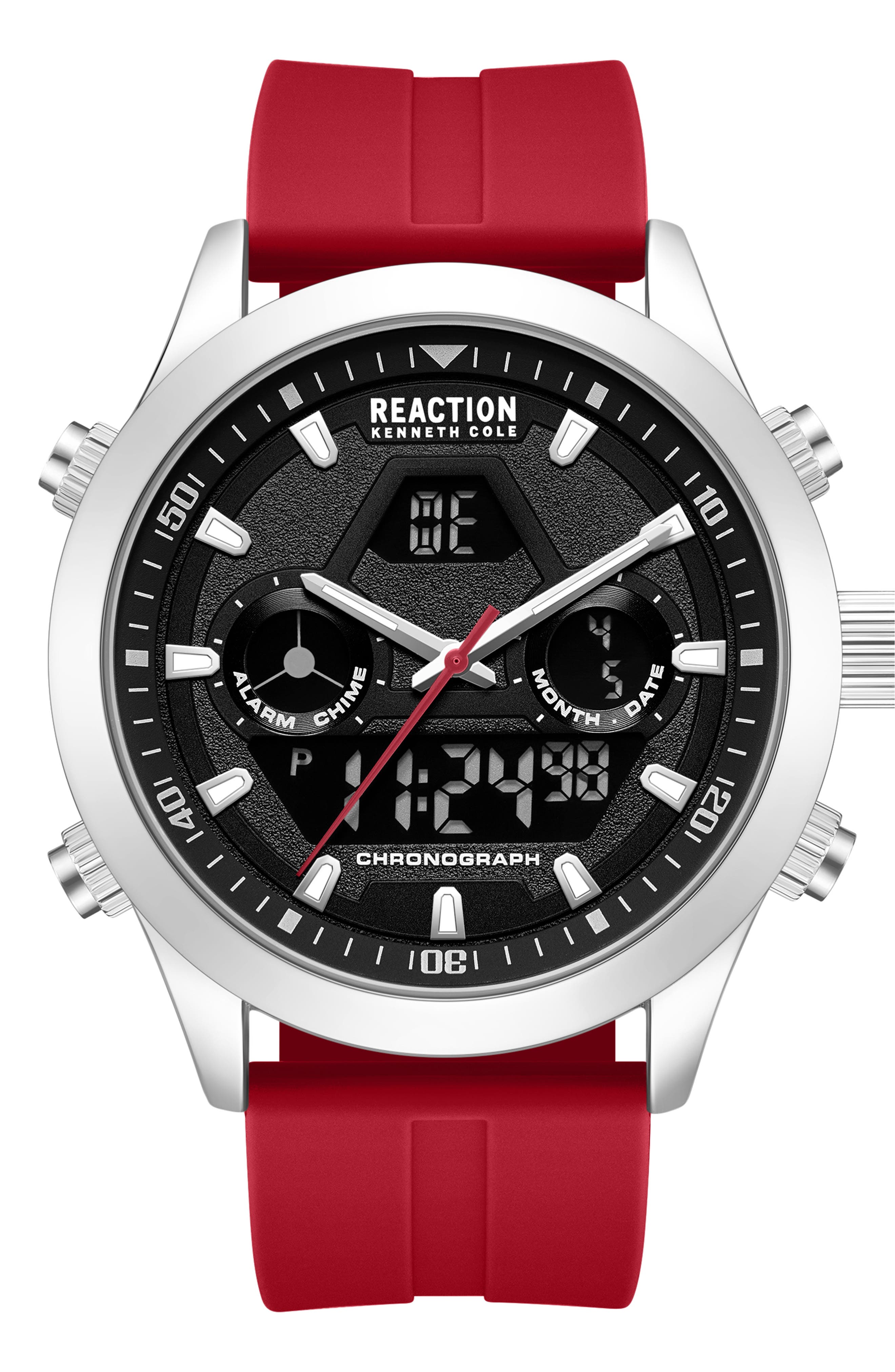 Kenneth Cole Reaction Analog Digital Silicone Strap Chronograph Watch, 47mm
