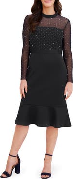 London Times Long Sleeve Illusion Faux Pearl Midi Dress