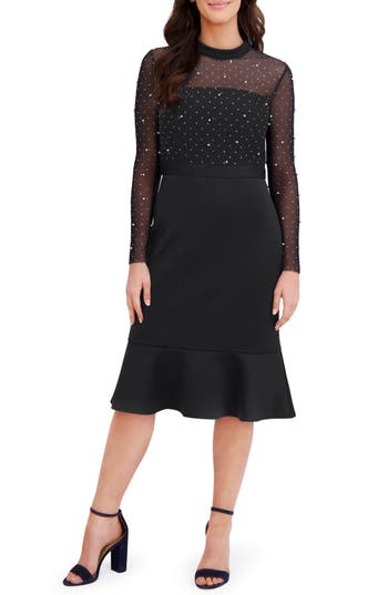 London Times Long Sleeve Faux Pearl Illusion Midi Dress In Black