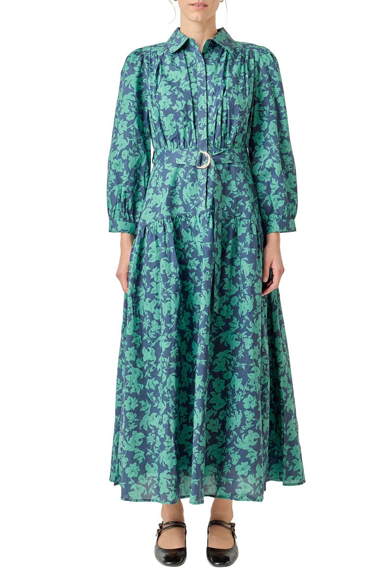 Belted Tiered Print Long Sleeve Cotton Midi Dress, Main, color, NAVY/ GREEN