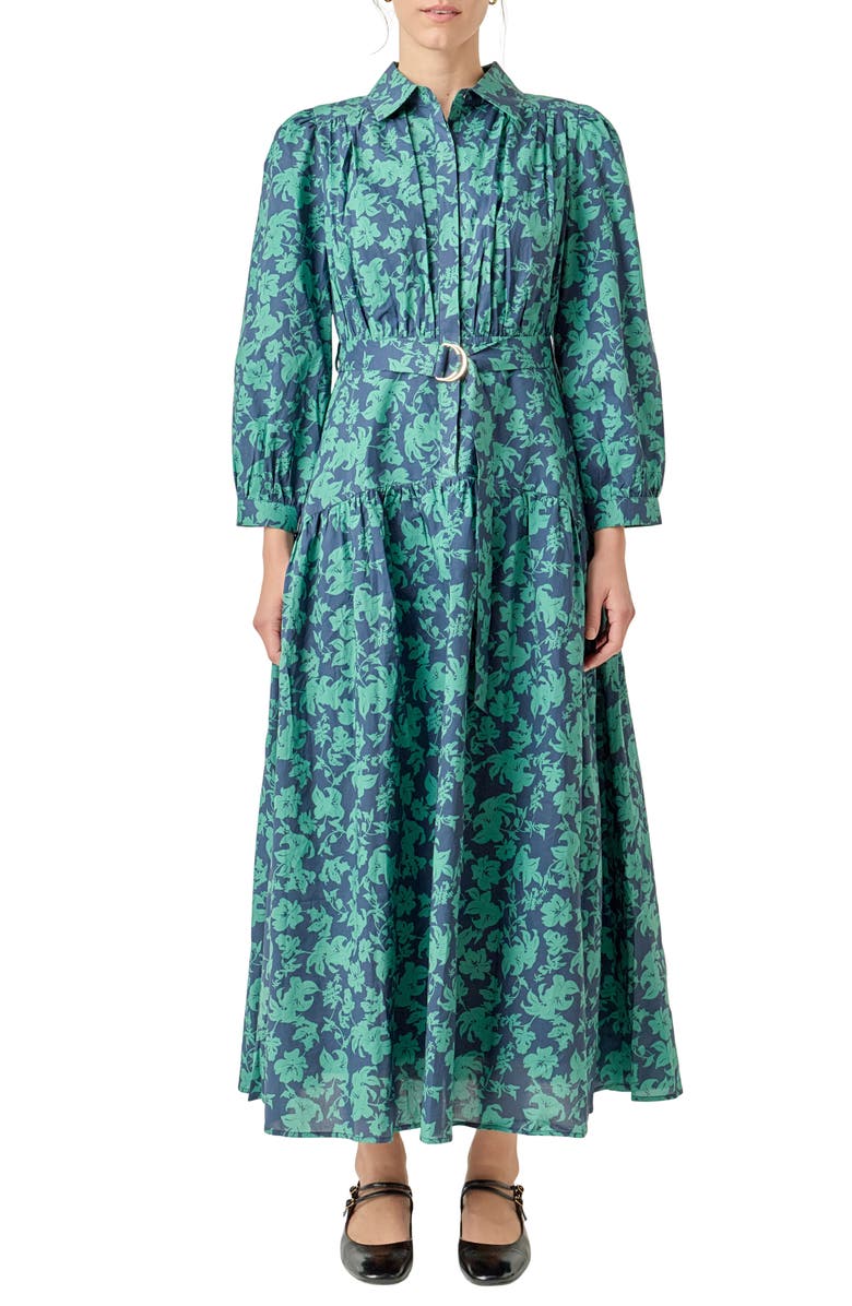 English Factory Belted Tiered Print Long Sleeve Cotton Midi Dress, Main, color, Navy/ Green