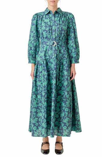 English Factory Belted Tiered Print Long Sleeve Cotton Midi Dress