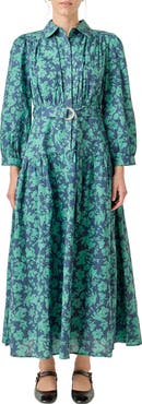 English Factory Belted Tiered Print Long Sleeve Cotton Midi Dress