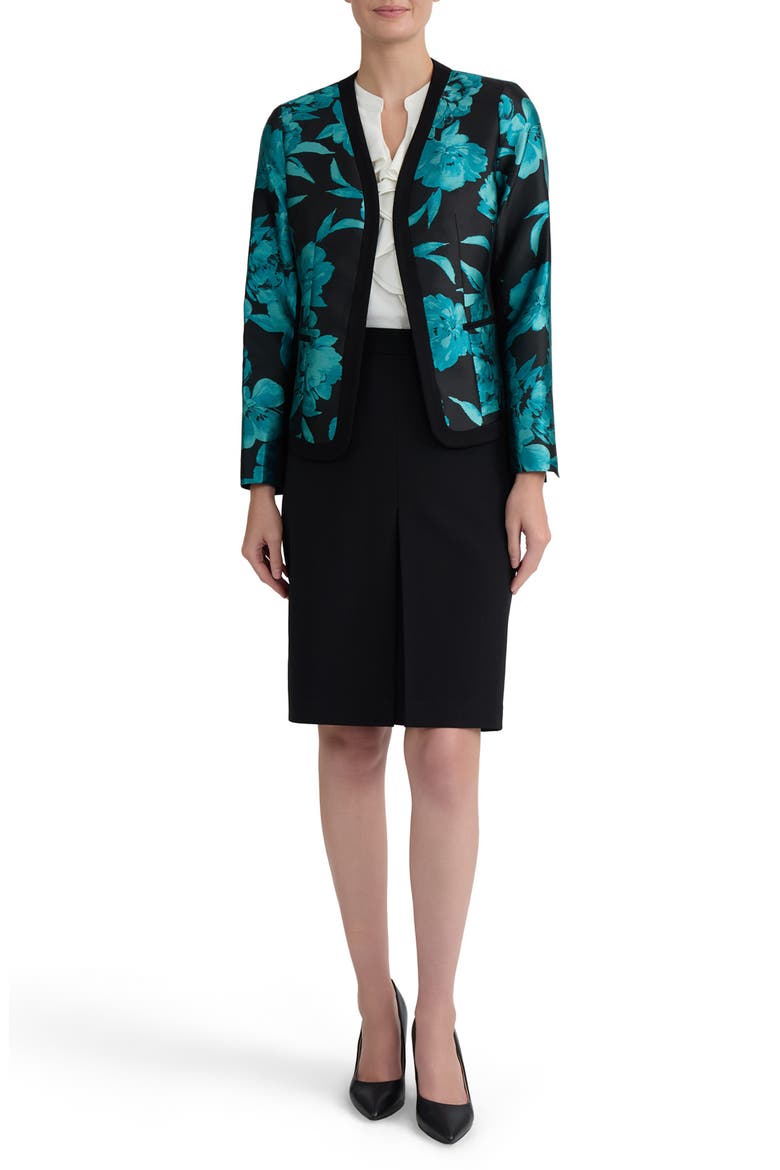 Floral Woven Cardigan with Combo Framing, Alternate, color, BOTTLE TEAL MLT