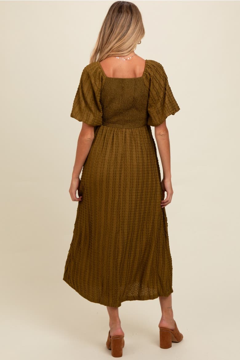 Smocked V-Neck Short Puff Sleeve Textured Midi Dress, Alternate, color, Olive Green