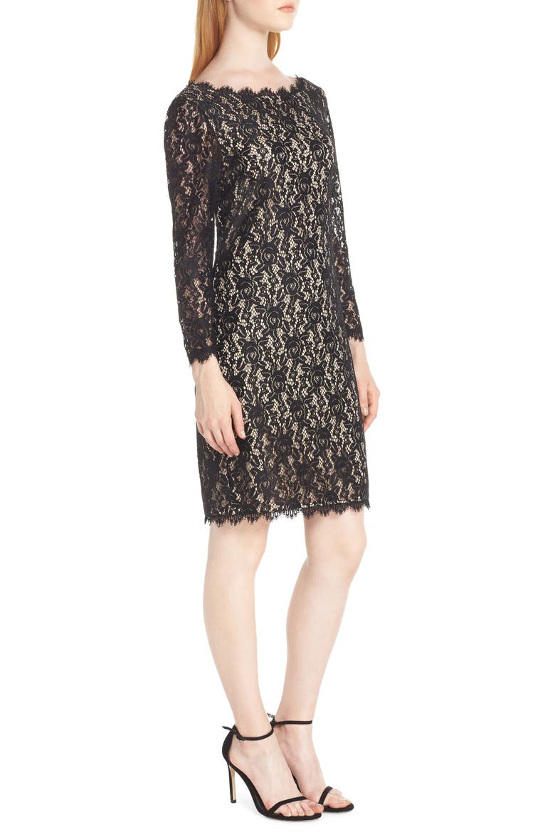 Long Sleeve Lace Cocktail Dress, Alternate, color, BLACK/ NUDE