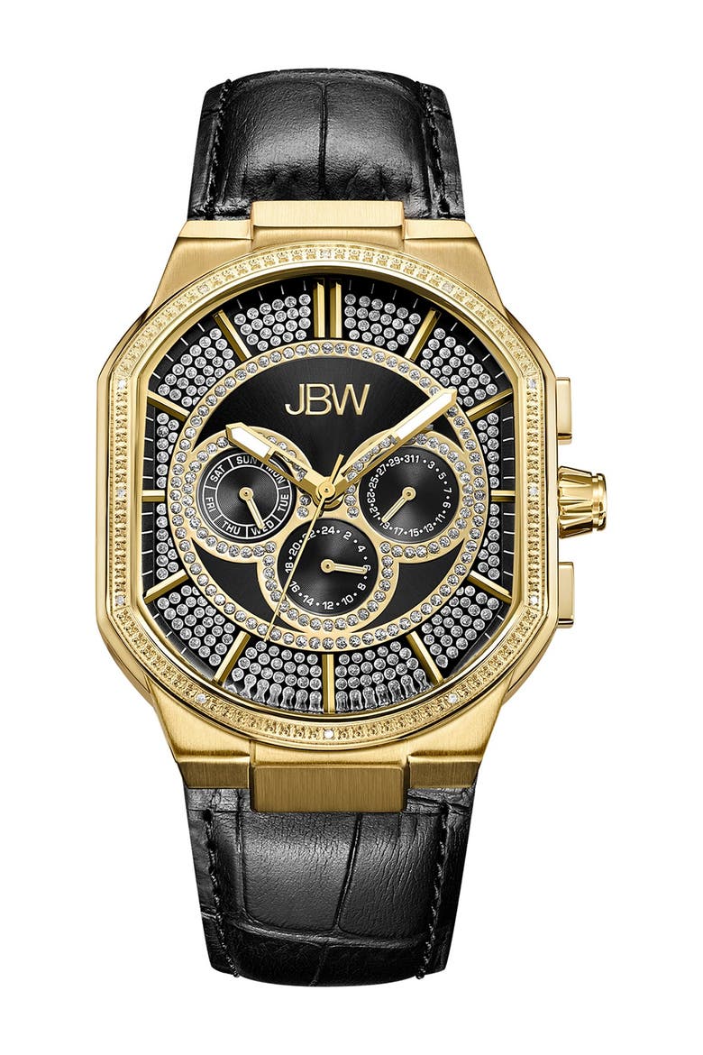Men's Orion Diamond Croc Embossed Leather Watch, 43mm - 0.12 ctw, Main, color, GOLD