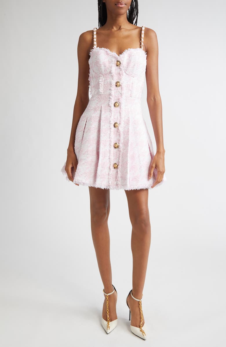 Balmain Chain Strap Tweed Fit & Flare Dress, Main, color, Off White/ Pink Beige