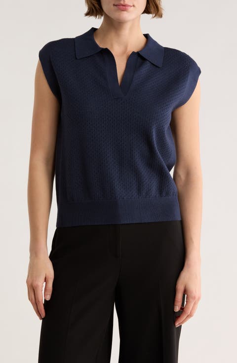 Pointelle Sleeveless Polo Sweater