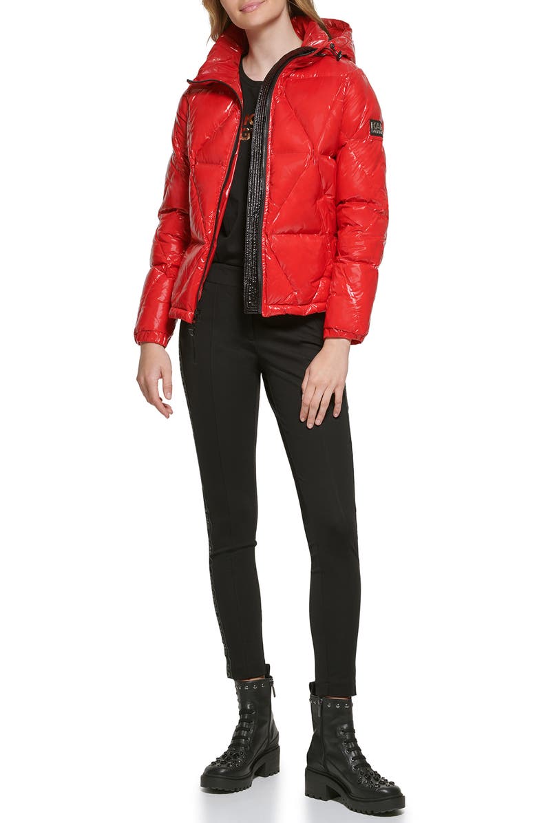 KARL LAGERFELD PARIS Water Resistant Down & Feather Fill Short Hooded Puffer Coat, Alternate, color, Scarlet