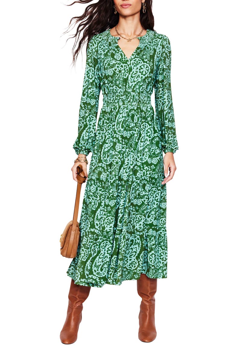 Paisley Long Sleeve Smock Waist Midi Dress, Main, color, BROOK PAISLEY CASCADE