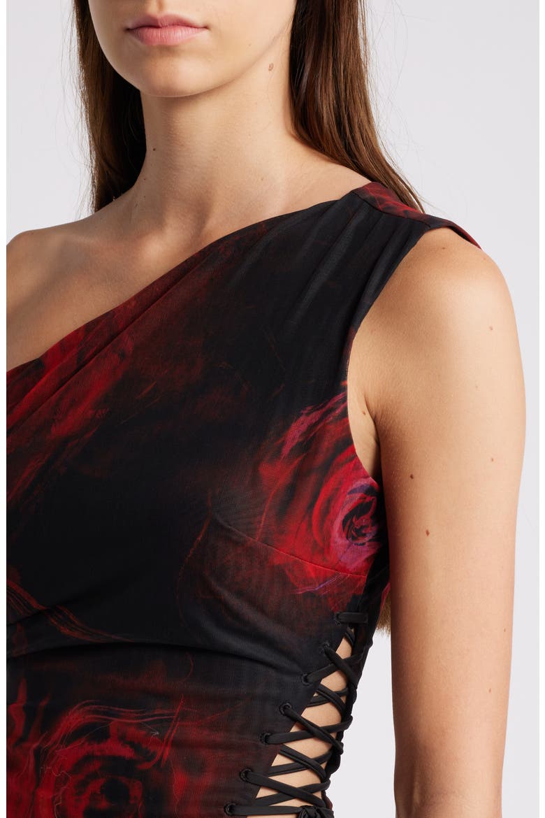 Rose One-Shoulder Lace-Up Mesh Top, Alternate, color, BLACK ROSE PRINT