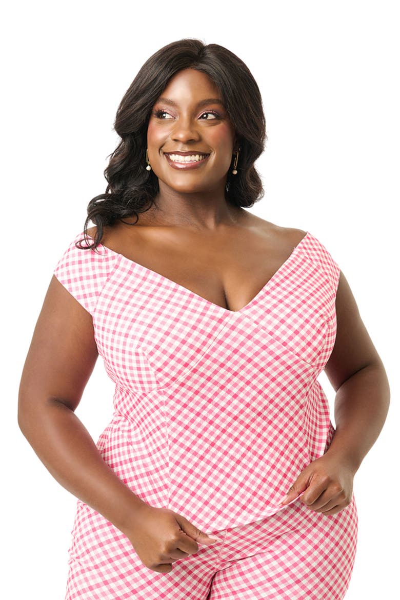 Plus Size 1950s Off The Shoulder Violet Top, Main, color, Pink Gingham