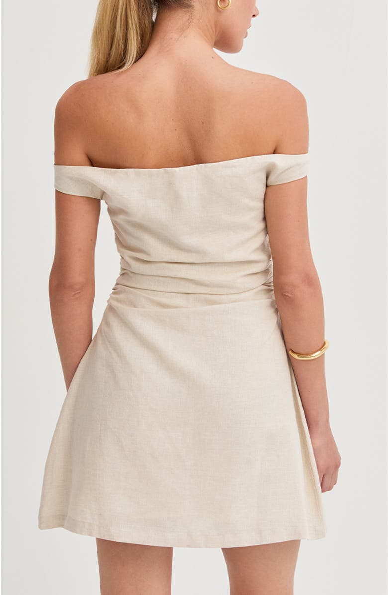 CRESCENT Off Shoulder Side Ruched Linen Mini Dress, Alternate, color, Oatmeal
