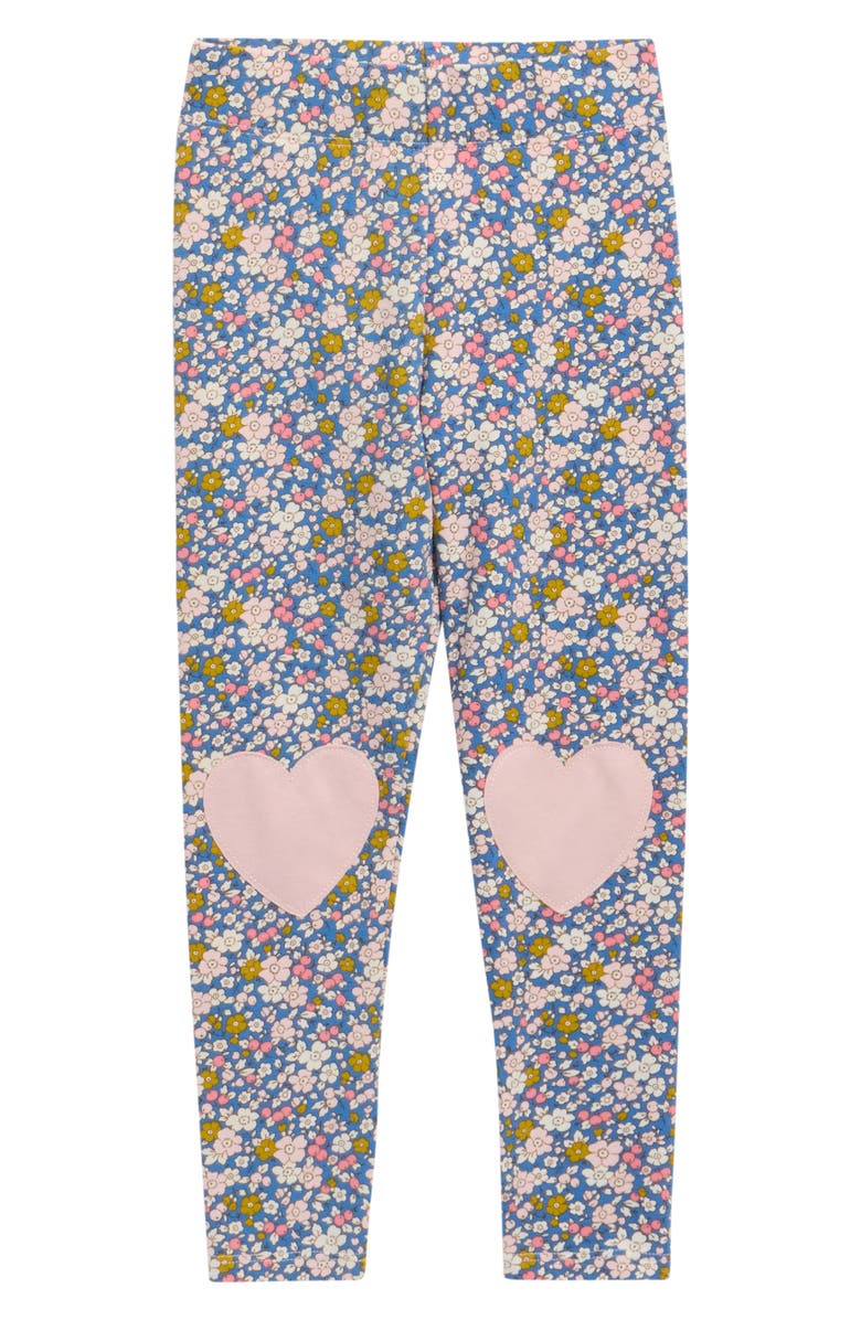 Mini Boden Floral Print Heart Appliqué Leggings, Main, color, Delft Floral
