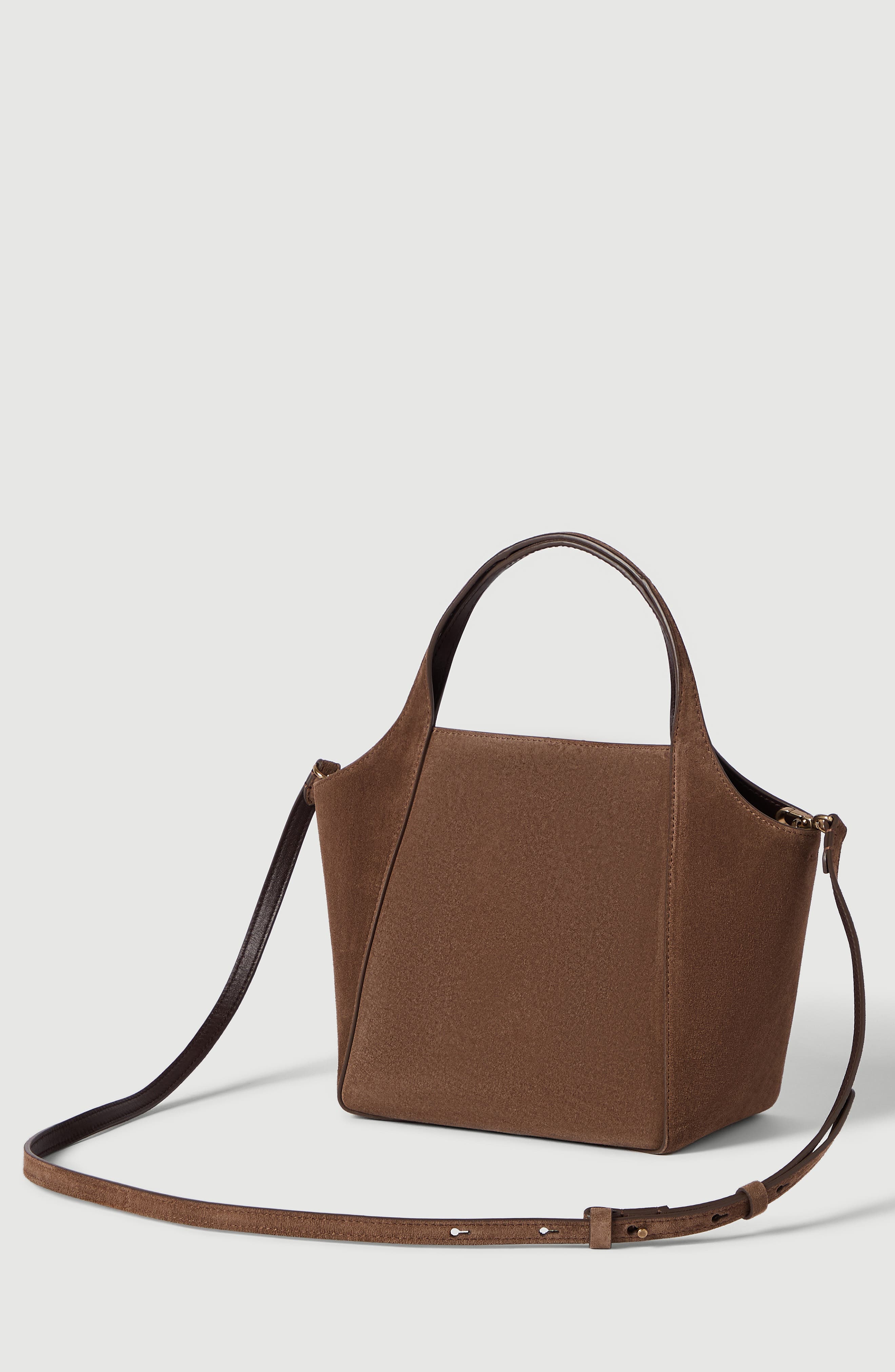 Sartorial small bucket bag in suede, Alternate, color, Caramel