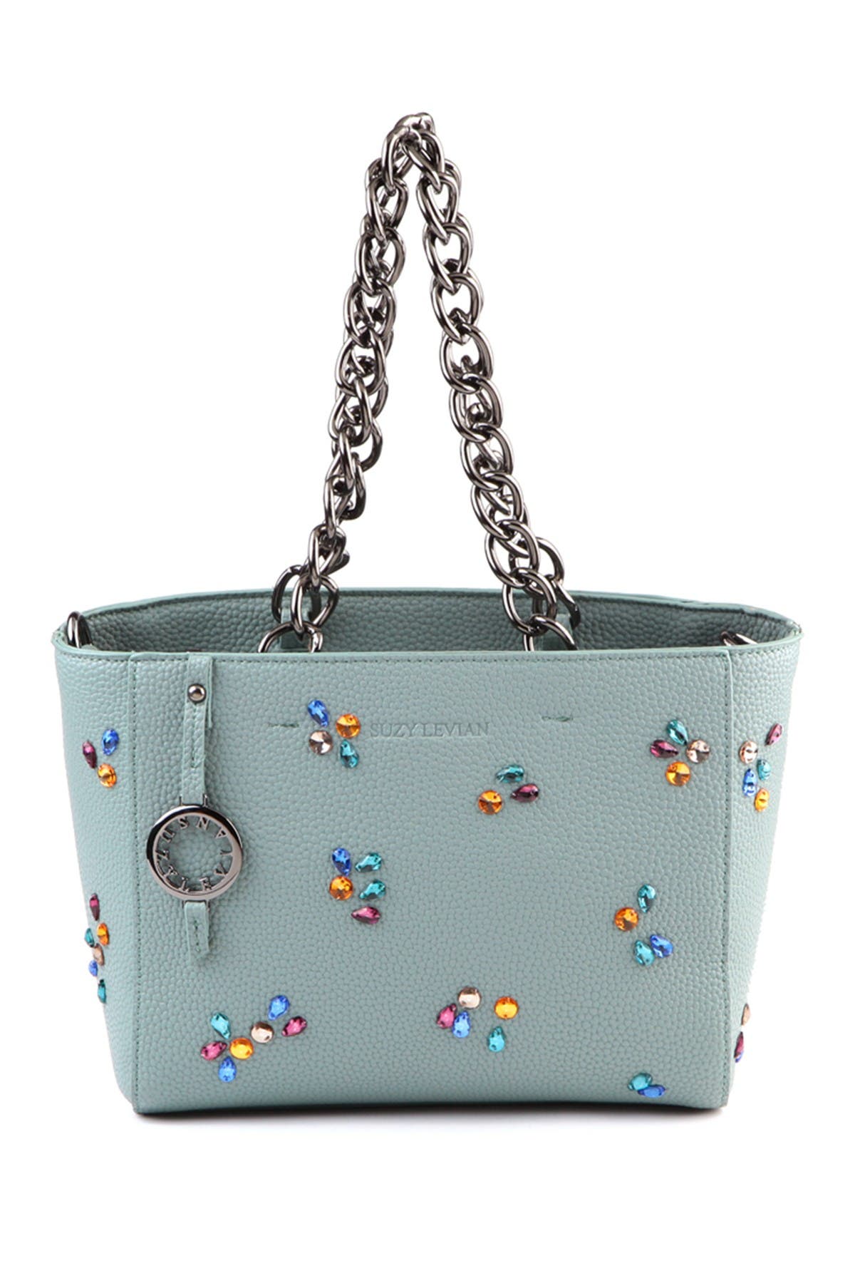 SUZY LEVIAN Pebbled Faux Leather Rhinestone Satchel Handbag, Main, color, 