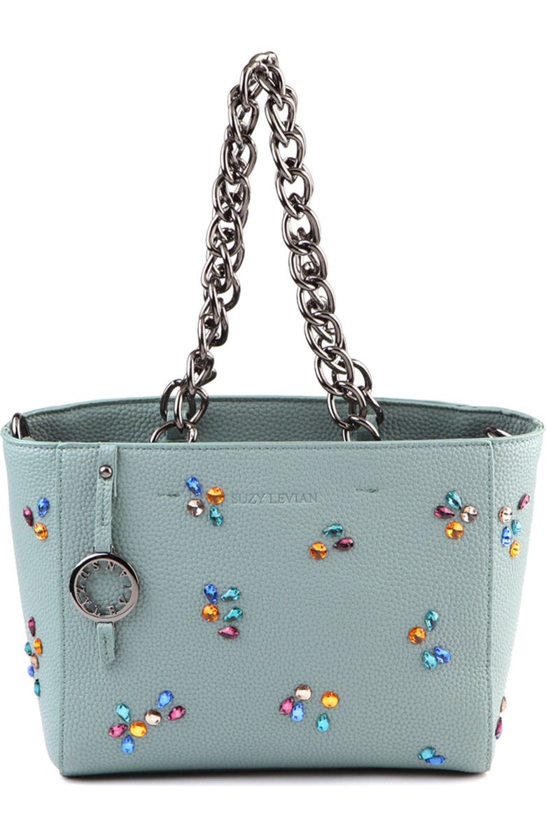 SUZY LEVIAN Pebbled Faux Leather Rhinestone Satchel Handbag, Main, color,