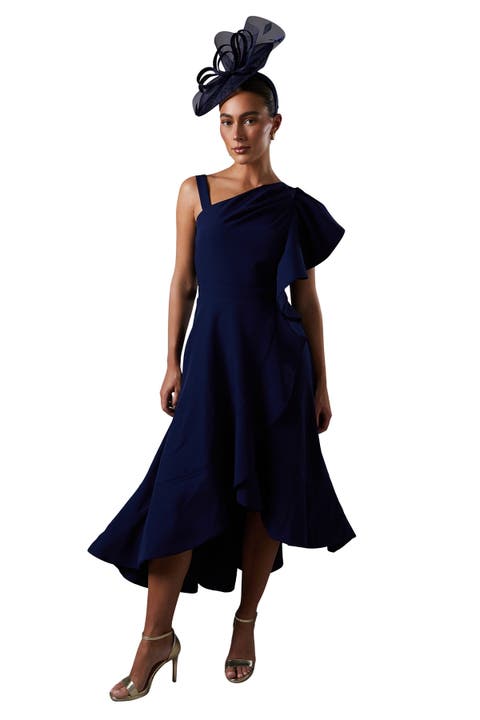 One Shoulder Crepe Ruffle Midi Dress