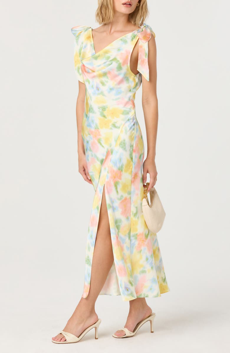 ASTR the Label Allexina Tie Shoulder Satin Maxi Dress, Alternate, color, Yellow Watercolor