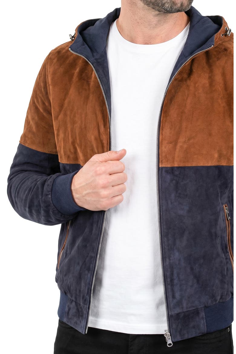Colorblock Leather Hooded Jacket, Alternate, color, MULTI