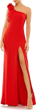 Mac Duggal One-Shoulder Stretch-Crepe Gown with Oversized Bow & Thigh-High Slit