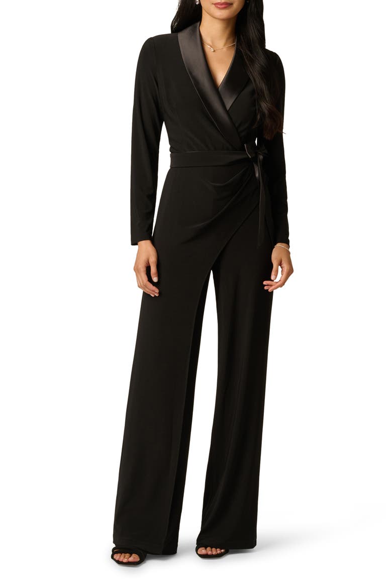 Satin Lapel Tuxedo Jumpsuit, Main, color, BLACK
