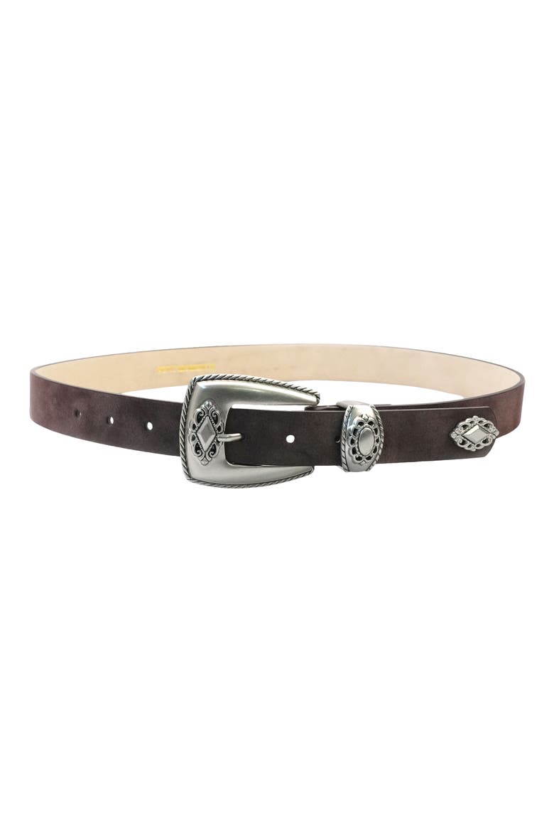 Spur Faux Leather Belt, Main, color, DARK BROWN SUEDE/ SILVER
