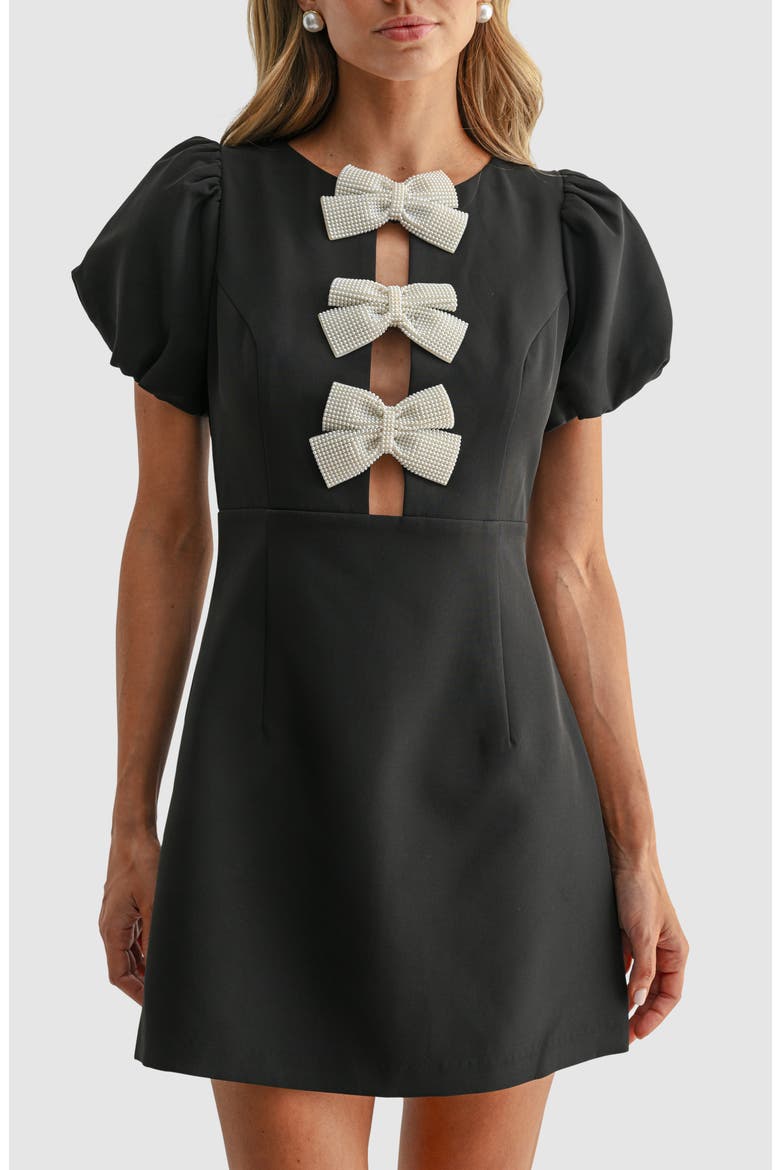 Puff Sleeve Bow Appliqué Minidress, Alternate, color, BLACK