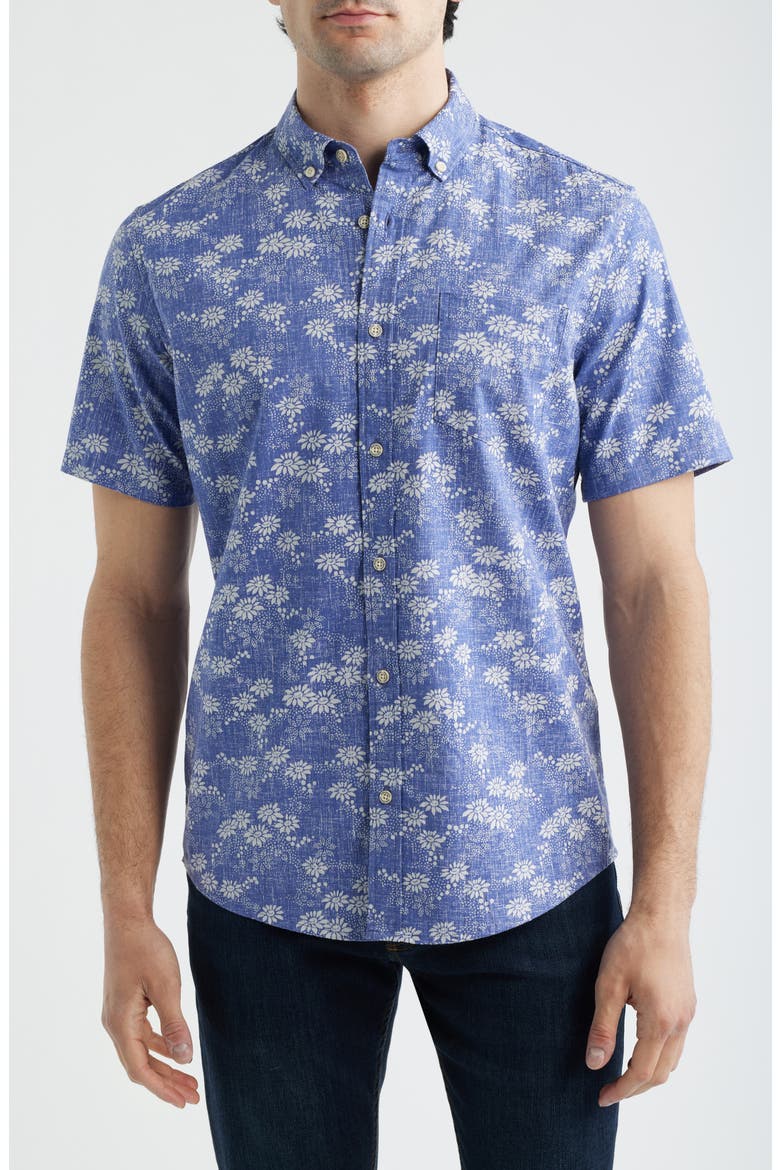 Kyoto Spring Floral Short Sleeve Cotton Blend Button-Down Shirt, Main, color, SKIPPER BLUE