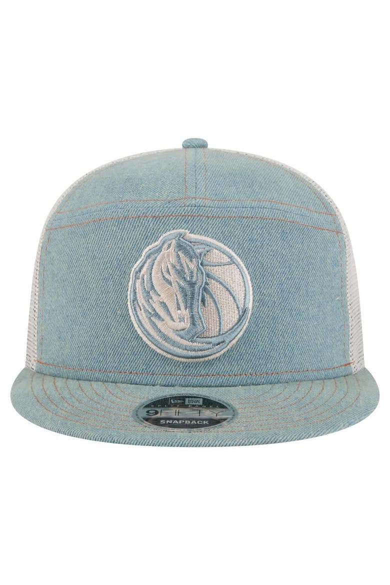 Men's New Era Dallas Mavericks Adventure Denim Split Panel 9FIFTY Snapback Trucker Hat, Alternate, color, Denim