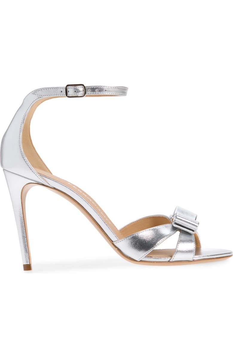 FERRAGAMO Roxy Metallic Bow Ankle Strap Sandal, Alternate, color, Silver Fondo Bianco Biscotto