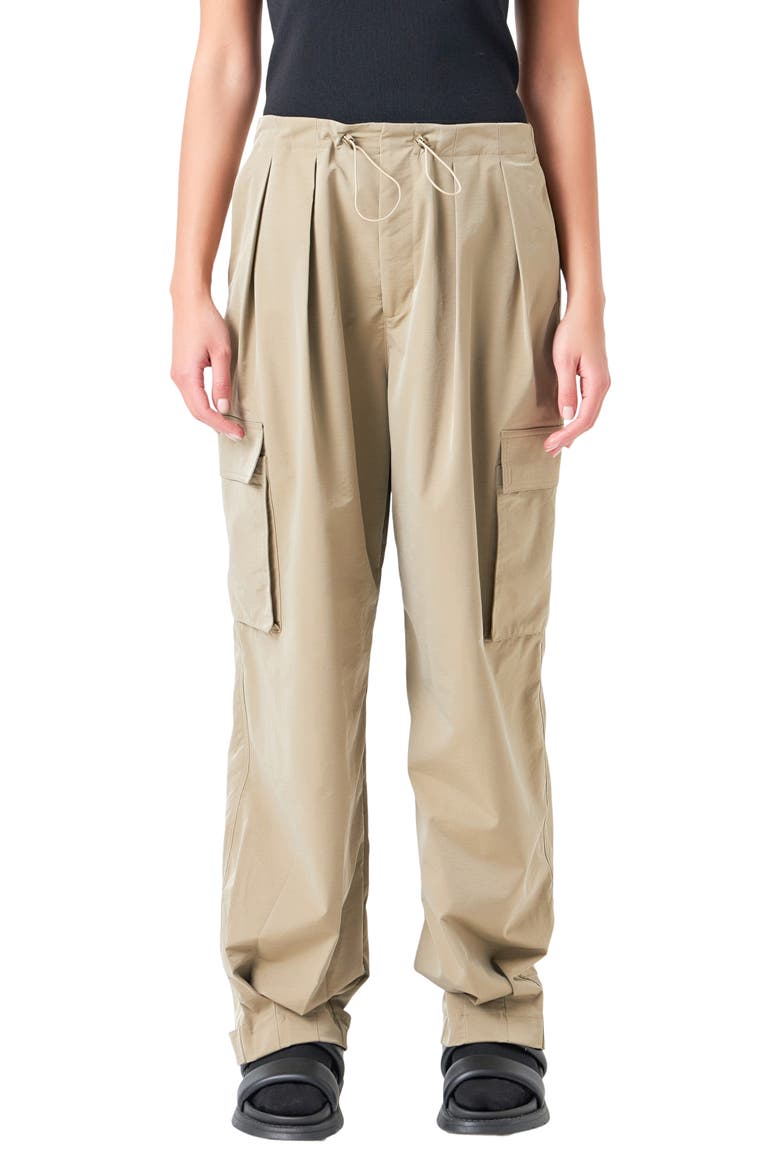 Pleated Low Rise Parachute Cargo Pants, Main, color, KHAKI