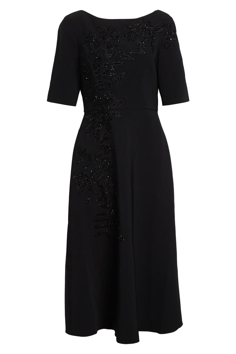 Embroidered Bateau Neck Midi Dress, Alternate, color, BLACK