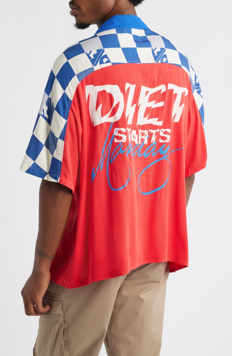 DIET STARTS MONDAY Pit Crew Camp Shirt, Alternate, color, Red/Blue