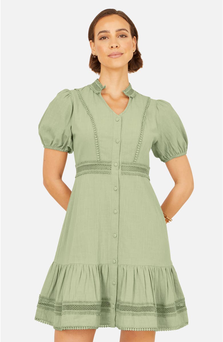 Yumi Cotton Lace Trim Skater Shirt Dress, Alternate, color, Mint Green