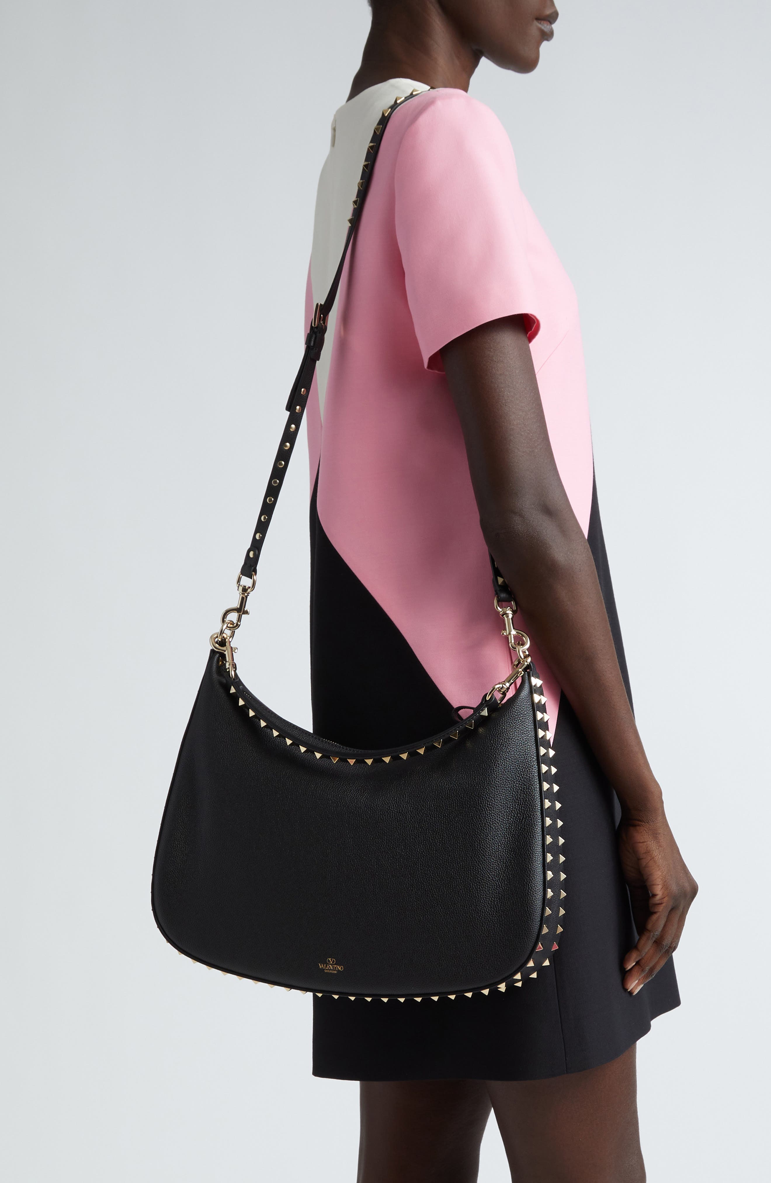 Valentino Garavani Rockstud Leather Hobo Bag, Alternate, color, 