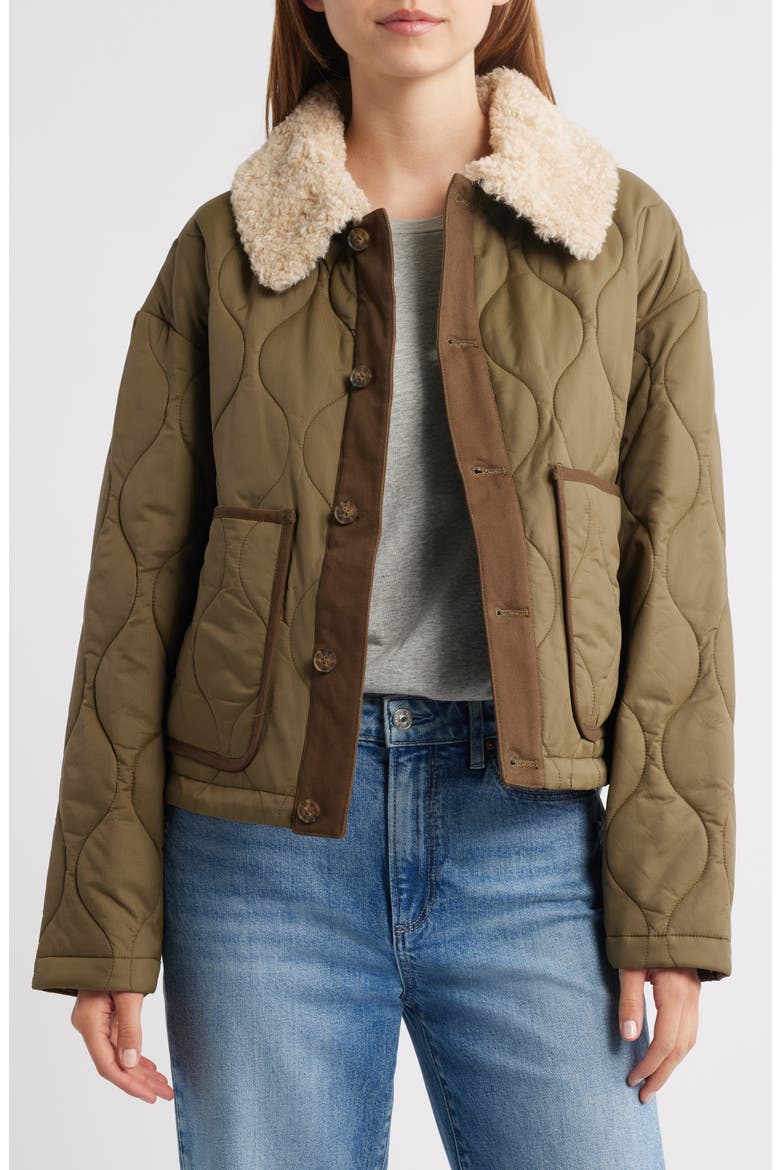 Quilted Crop Jacket with Faux Shearling Collar, Alternate, color, OLIVE