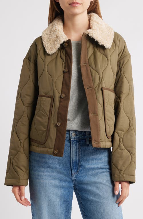 Lucky Brand Quilted Crop Jacket With Faux Shearling Collar In Brown