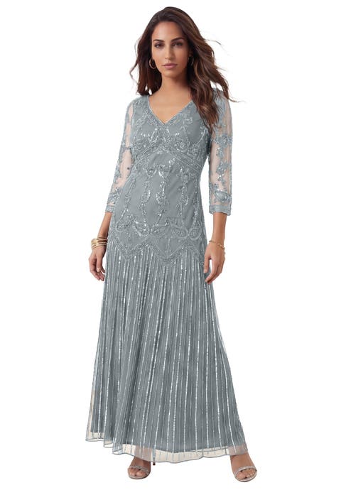 Plus Size Beaded V Neck 3/4 Sleeve Sleeve Maxi Gown
